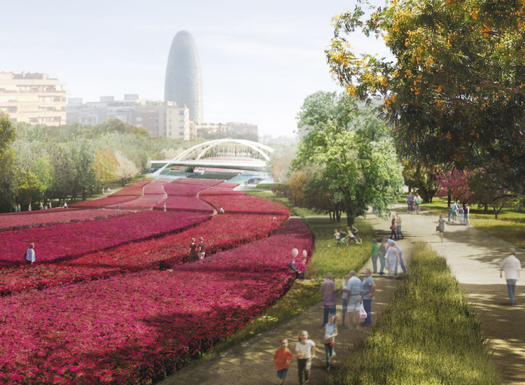 Rendering del progetto del parco che sorgerà nell’area della stazione della Sagrera, a Barcellona